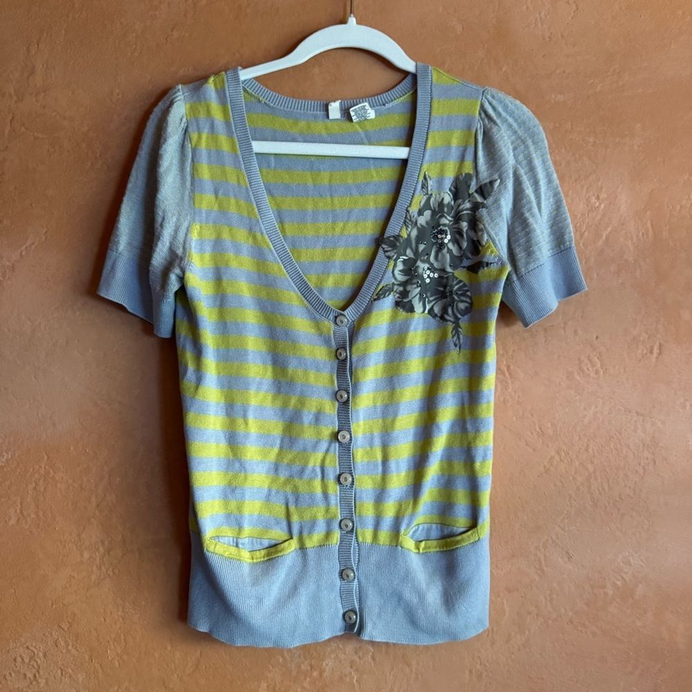 Moth Anthropologie Striped Button Cardigan Floral Applique Short Sleeve